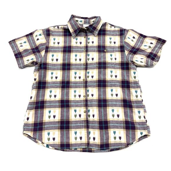 Vtg Cottagecore Heart Plaid Short Sleeve Button Up Grandma Teacher Purple Large - Picture 1 of 7
